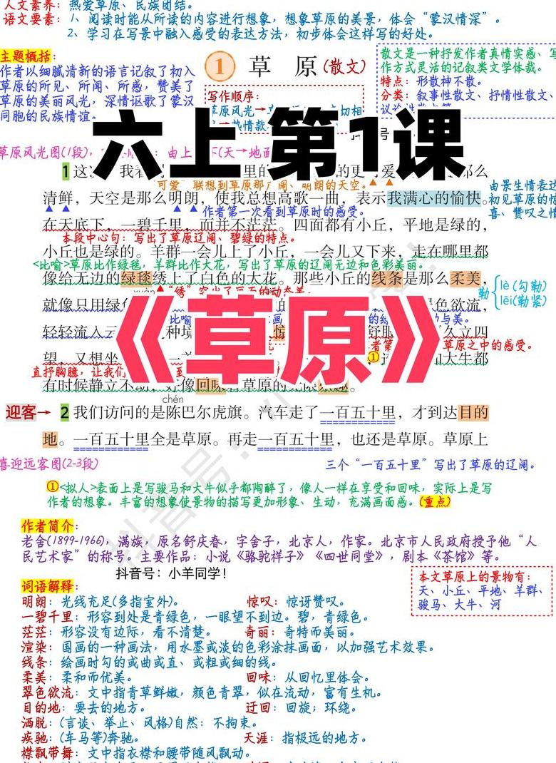 六年级语文生字组词详解：草原课文新词解析与拼音对照