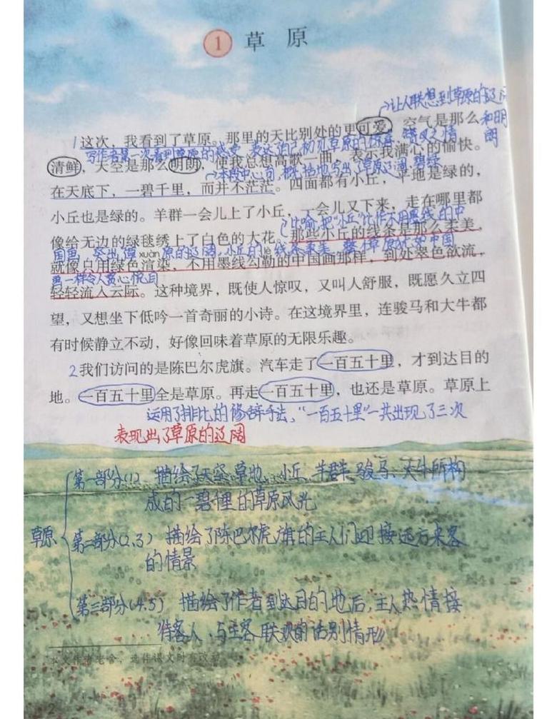 六年级教科书草原精选段落及生字拼音解析